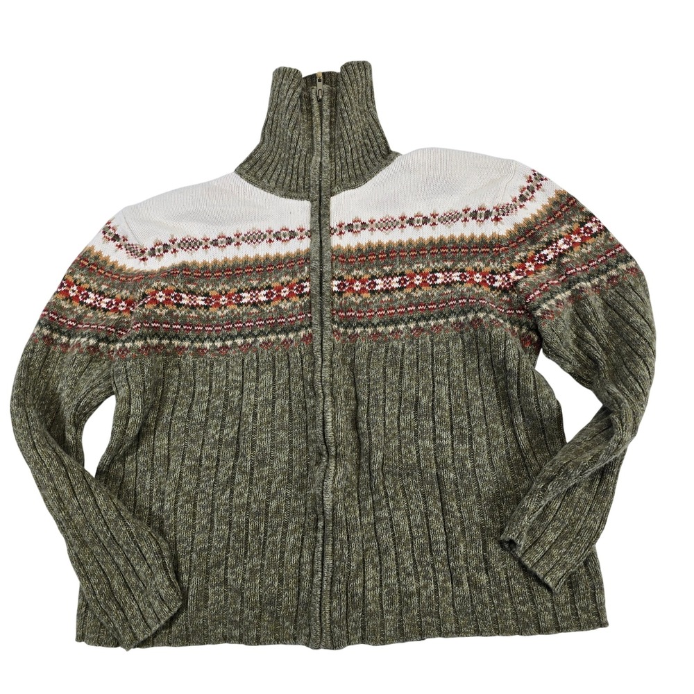 Tiara International Women Fair Isle Knit Full Zip Turtleneck Sweater Large